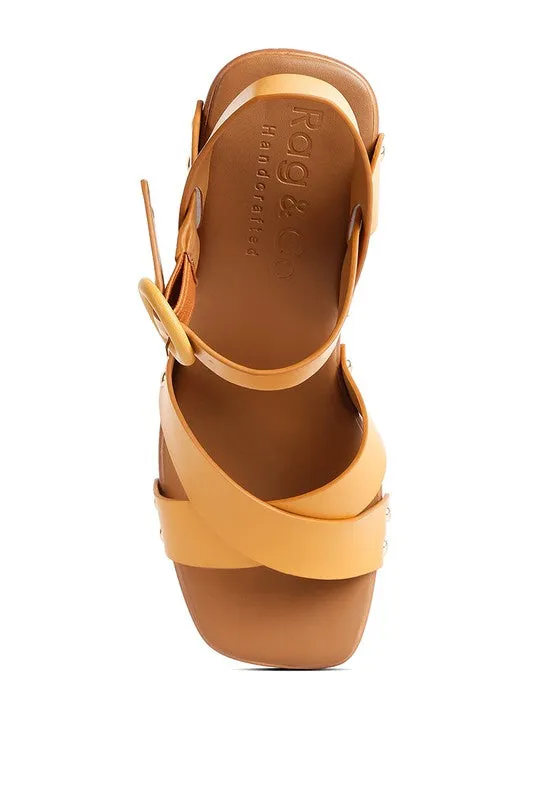 Rag & Co Cristina Leather Cross Strap Embellished Block Heel Sandals