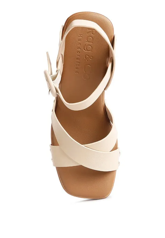 Rag & Co Cristina Leather Cross Strap Embellished Block Heel Sandals