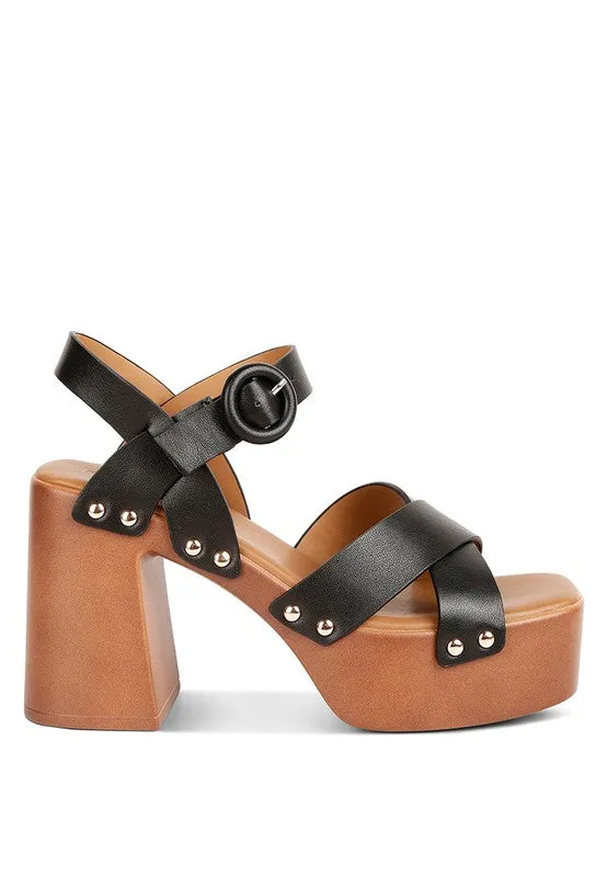 Rag & Co Cristina Leather Cross Strap Embellished Block Heel Sandals