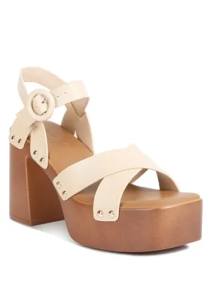 Rag & Co Cristina Leather Cross Strap Embellished Block Heel Sandals