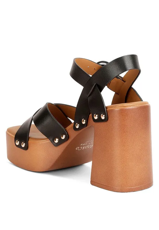 Rag & Co Cristina Leather Cross Strap Embellished Block Heel Sandals