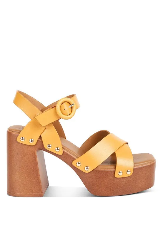 Rag & Co Cristina Leather Cross Strap Embellished Block Heel Sandals
