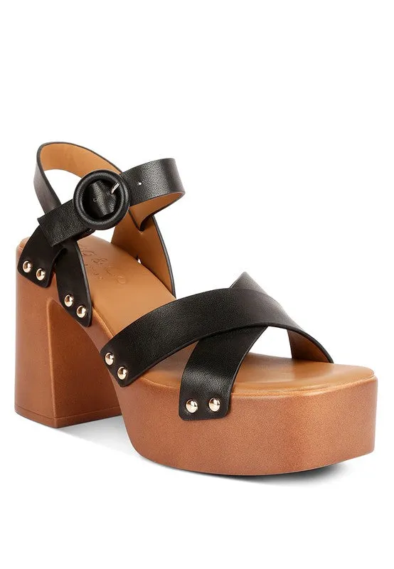 Rag & Co Cristina Leather Cross Strap Embellished Block Heel Sandals
