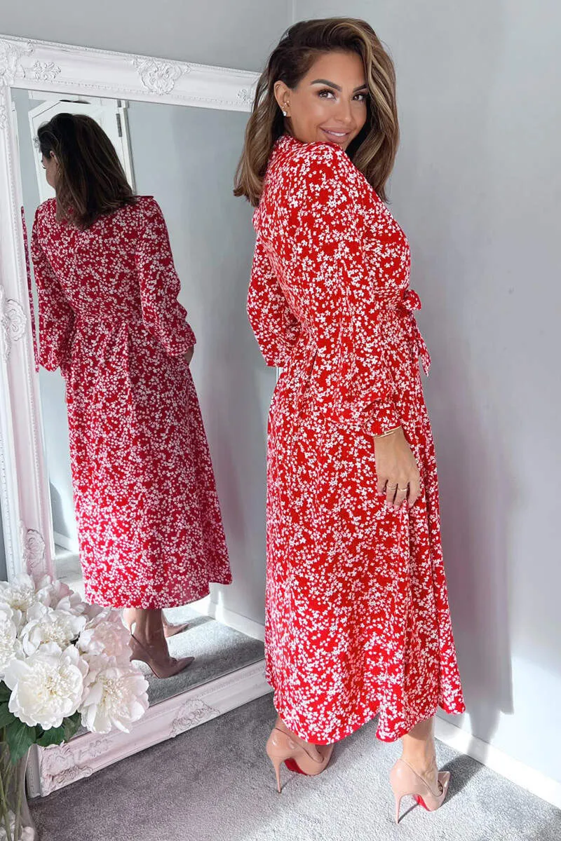 Red Floral Print Button Up Midi Shirt Dress