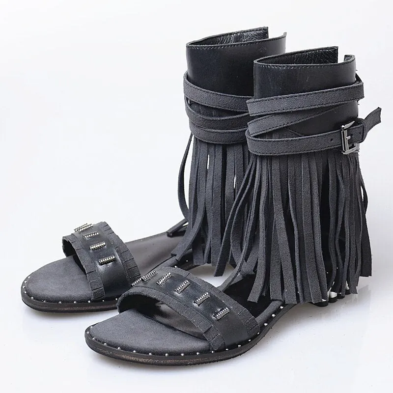 Red Suede Women Gladiator Sandals Studded Beach Flats Summer Shoes Fringe Ladies Grey Ankle Strap Sandalias Bohemian Espadrilles