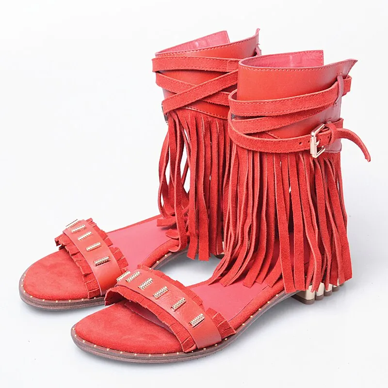 Red Suede Women Gladiator Sandals Studded Beach Flats Summer Shoes Fringe Ladies Grey Ankle Strap Sandalias Bohemian Espadrilles