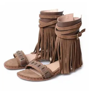 Red Suede Women Gladiator Sandals Studded Beach Flats Summer Shoes Fringe Ladies Grey Ankle Strap Sandalias Bohemian Espadrilles