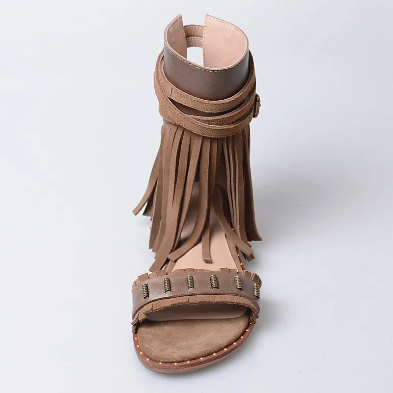 Red Suede Women Gladiator Sandals Studded Beach Flats Summer Shoes Fringe Ladies Grey Ankle Strap Sandalias Bohemian Espadrilles