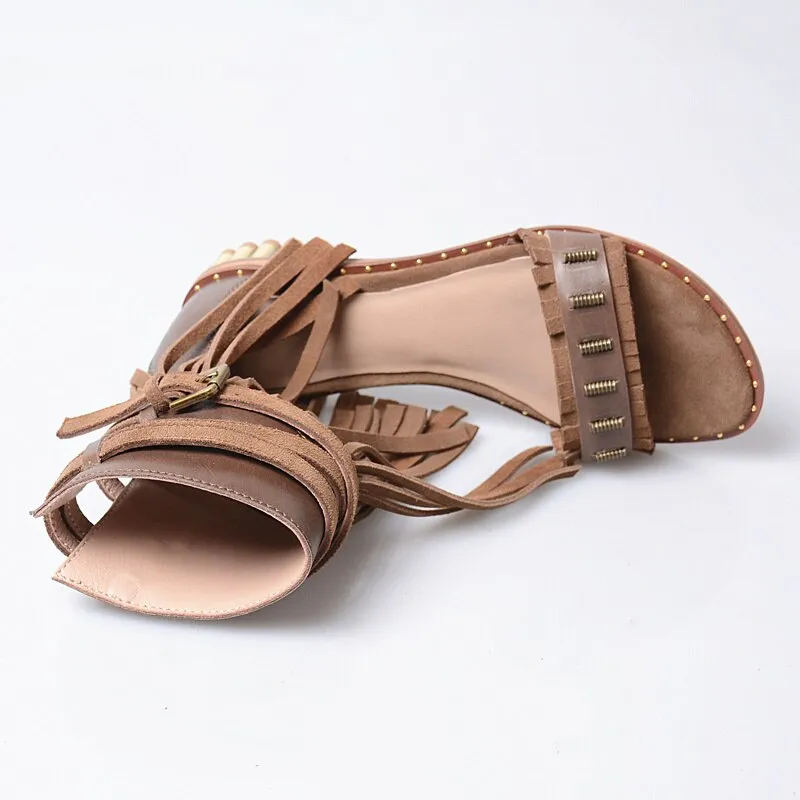 Red Suede Women Gladiator Sandals Studded Beach Flats Summer Shoes Fringe Ladies Grey Ankle Strap Sandalias Bohemian Espadrilles