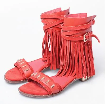 Red Suede Women Gladiator Sandals Studded Beach Flats Summer Shoes Fringe Ladies Grey Ankle Strap Sandalias Bohemian Espadrilles