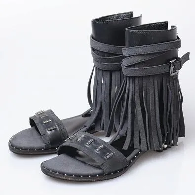 Red Suede Women Gladiator Sandals Studded Beach Flats Summer Shoes Fringe Ladies Grey Ankle Strap Sandalias Bohemian Espadrilles