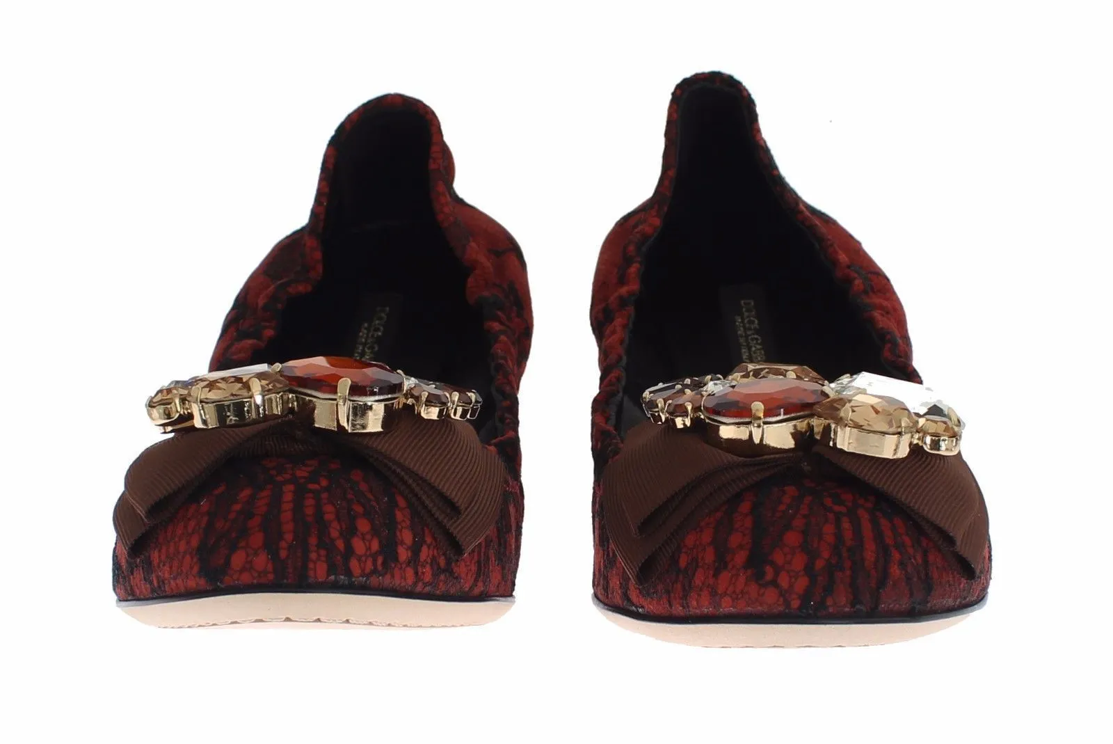 Red Taormina Lace Crystal Ballerina Flat Shoes