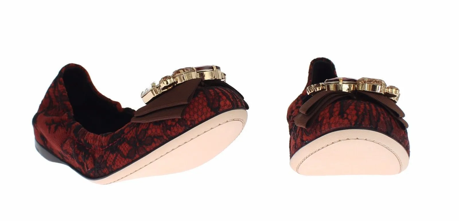 Red Taormina Lace Crystal Ballerina Flat Shoes