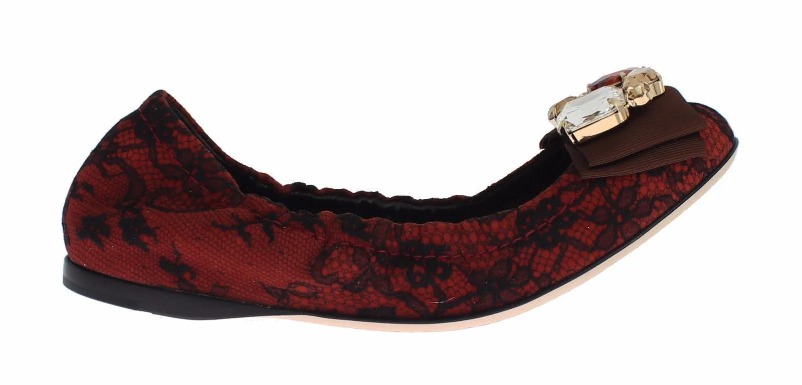 Red Taormina Lace Crystal Ballerina Flat Shoes