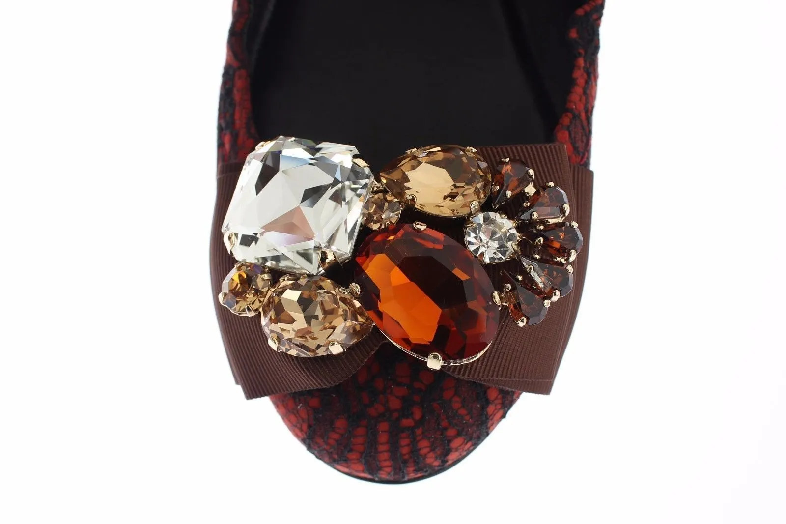 Red Taormina Lace Crystal Ballerina Flat Shoes