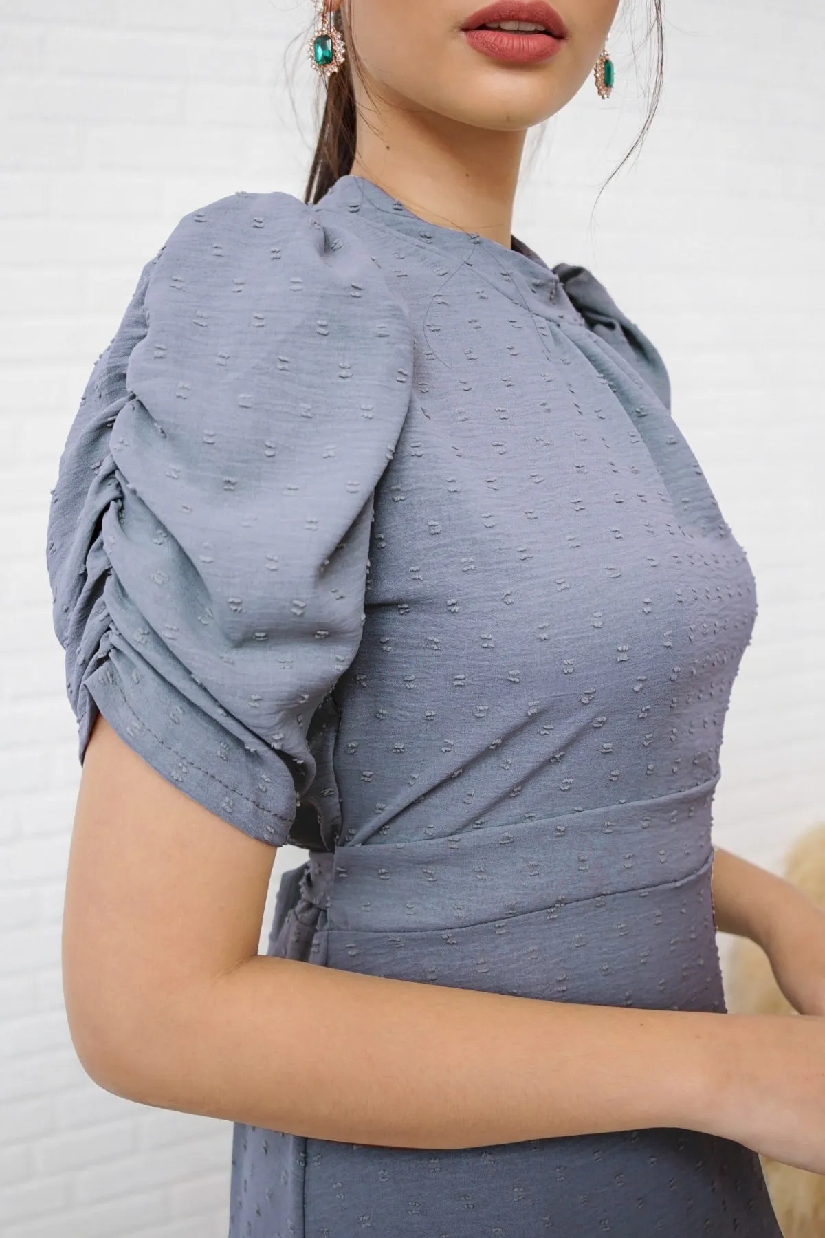 REIGN Puff-Sleeve Dobby Dot Midi Dress (Dusty Blue)