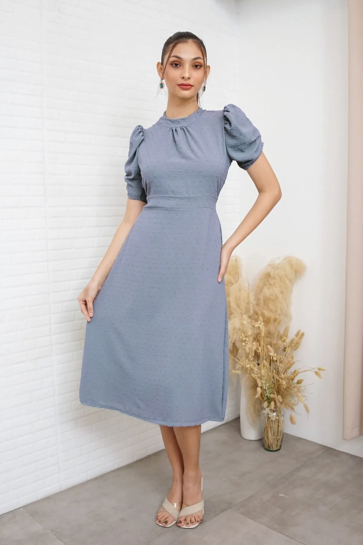 REIGN Puff-Sleeve Dobby Dot Midi Dress (Dusty Blue)