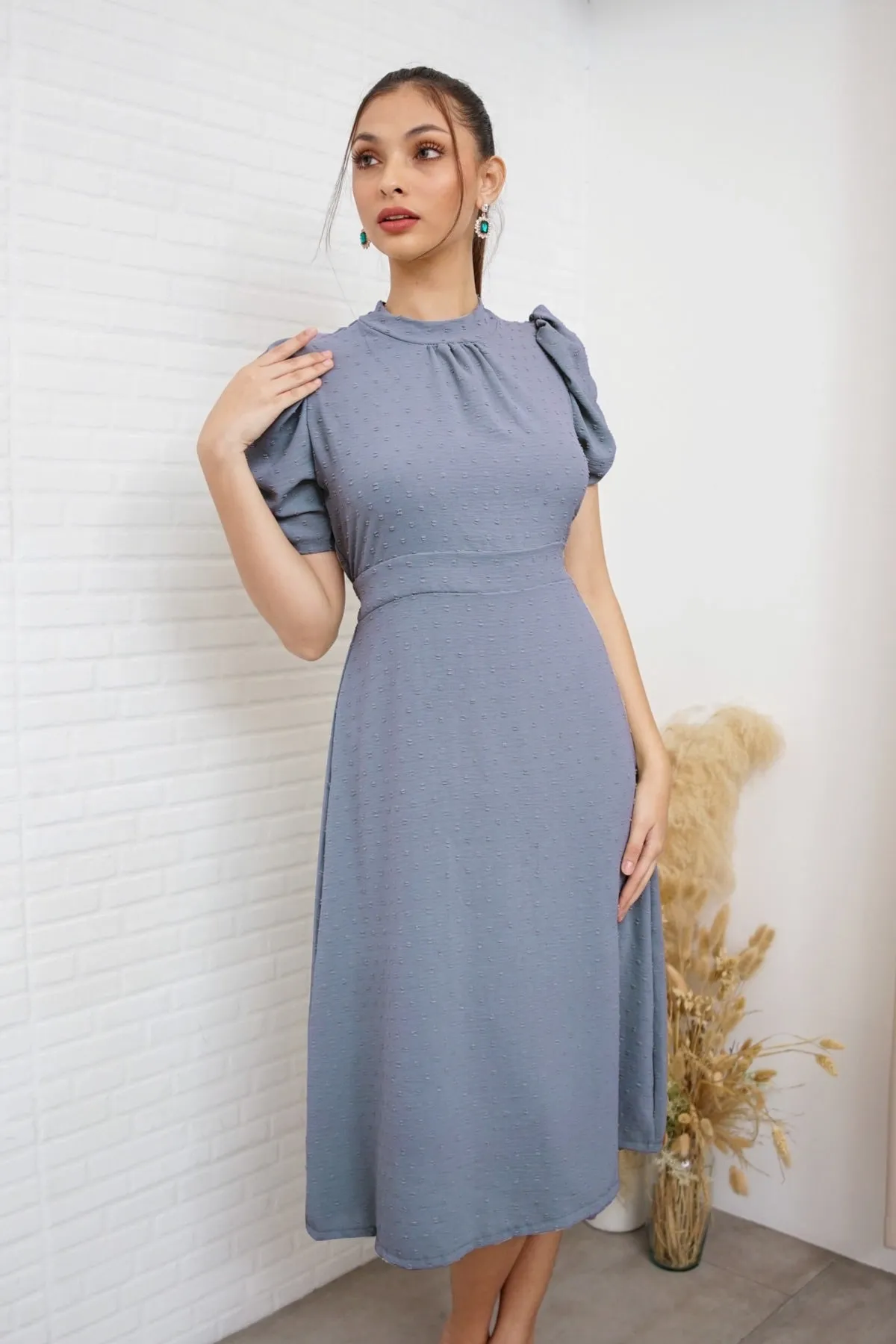 REIGN Puff-Sleeve Dobby Dot Midi Dress (Dusty Blue)