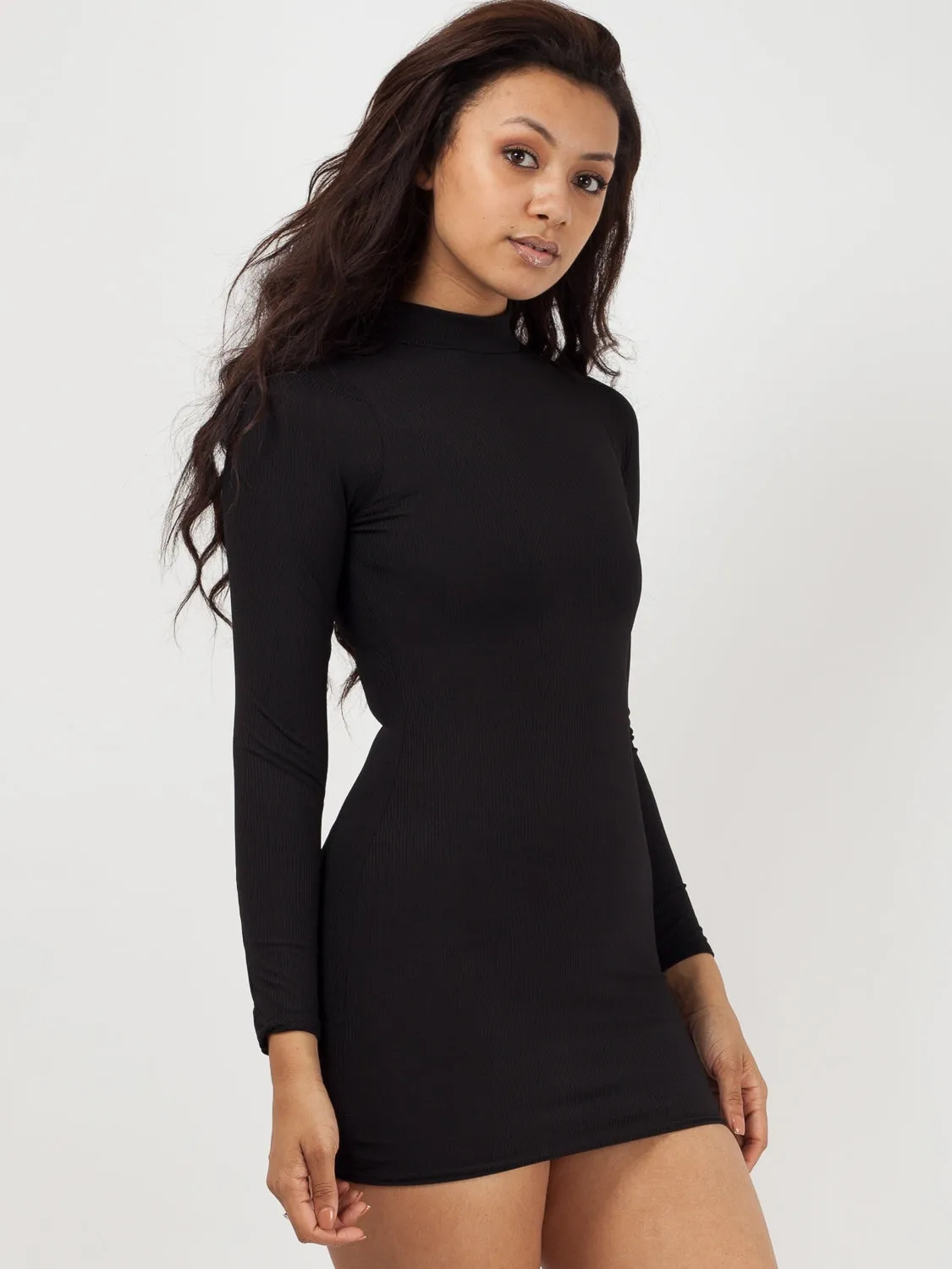 Ribbed Polo Neck Bodycon Shift Dress