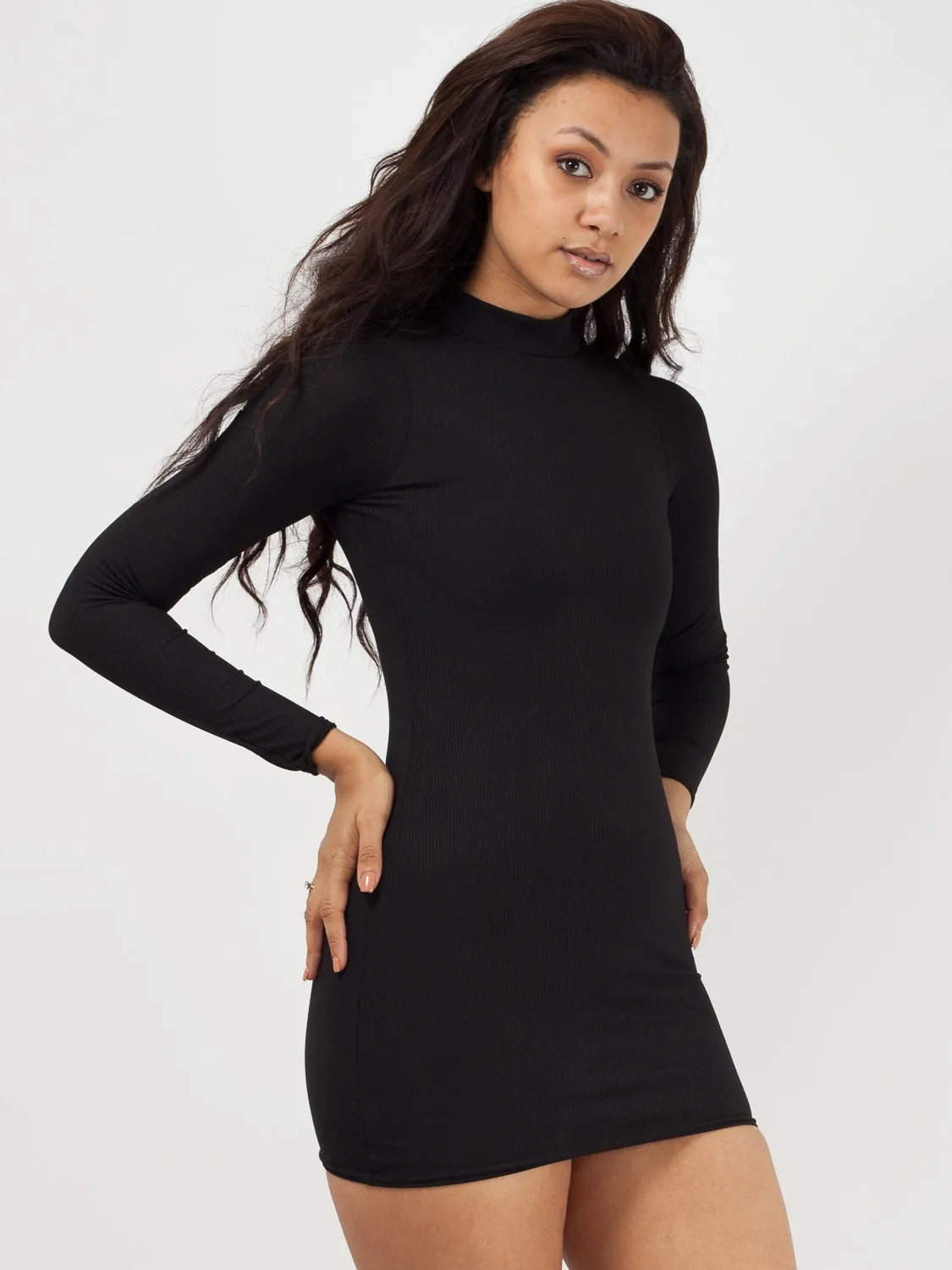 Ribbed Polo Neck Bodycon Shift Dress