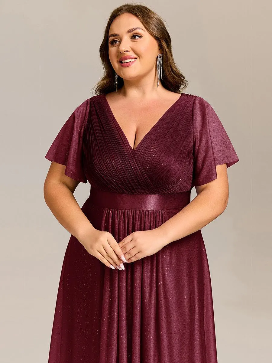 Robe d'invitée de mariage mi-longue plissée à manches courtes et col en V