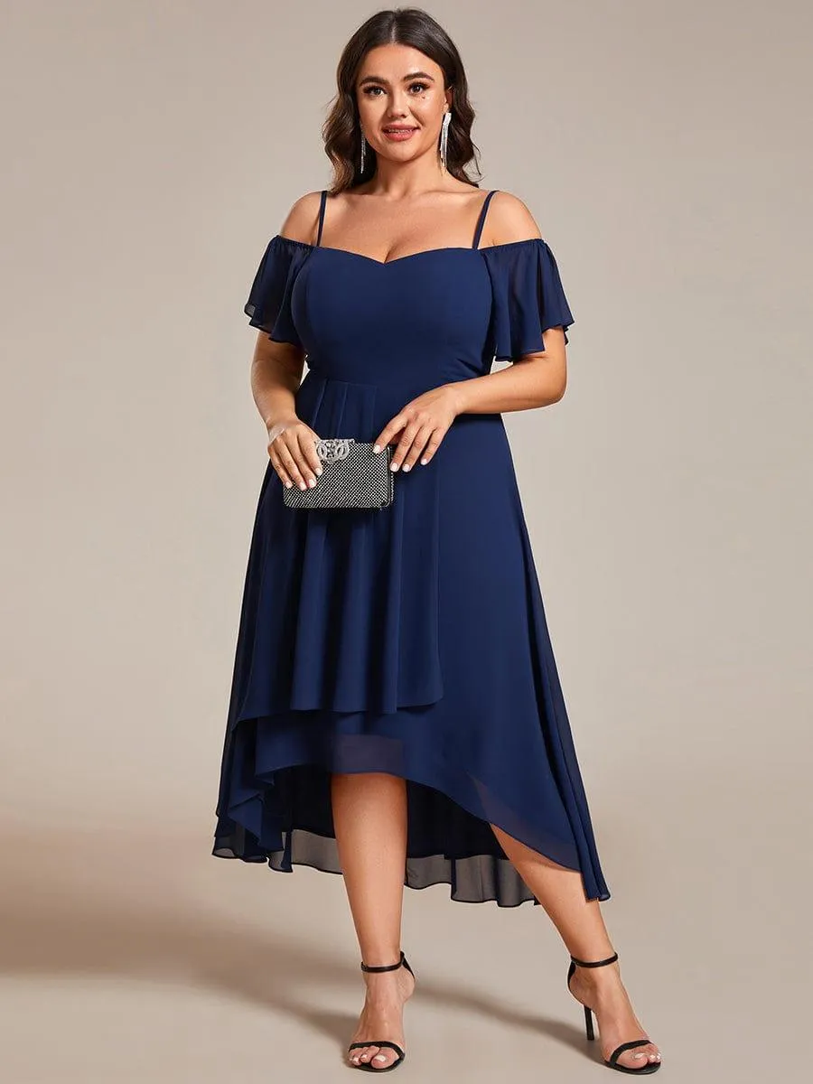 Robes d'invitées de mariage en mousseline de soie  grande taille  épaules dénudées  hautes et basses manches courtes