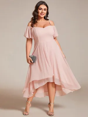 Robes d'invitées de mariage en mousseline de soie  grande taille  épaules dénudées  hautes et basses manches courtes