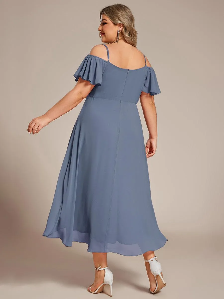 Robes d'invitées de mariage en mousseline de soie  grande taille  épaules dénudées  hautes et basses manches courtes