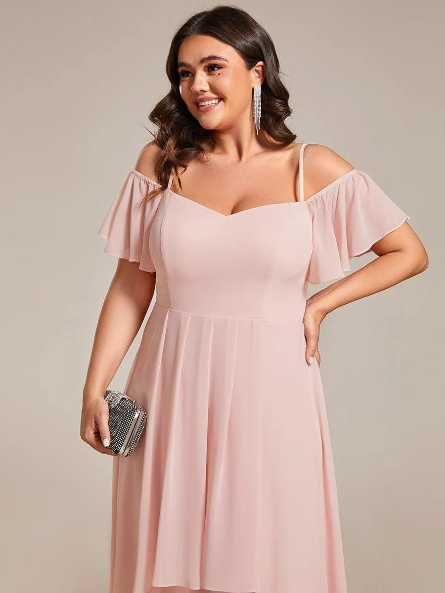 Robes d'invitées de mariage en mousseline de soie  grande taille  épaules dénudées  hautes et basses manches courtes
