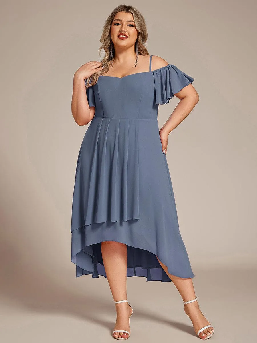 Robes d'invitées de mariage en mousseline de soie  grande taille  épaules dénudées  hautes et basses manches courtes