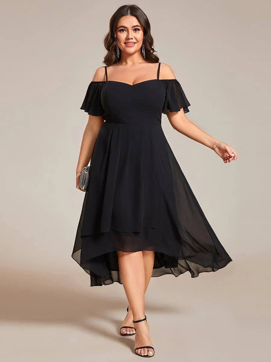 Robes d'invitées de mariage en mousseline de soie  grande taille  épaules dénudées  hautes et basses manches courtes