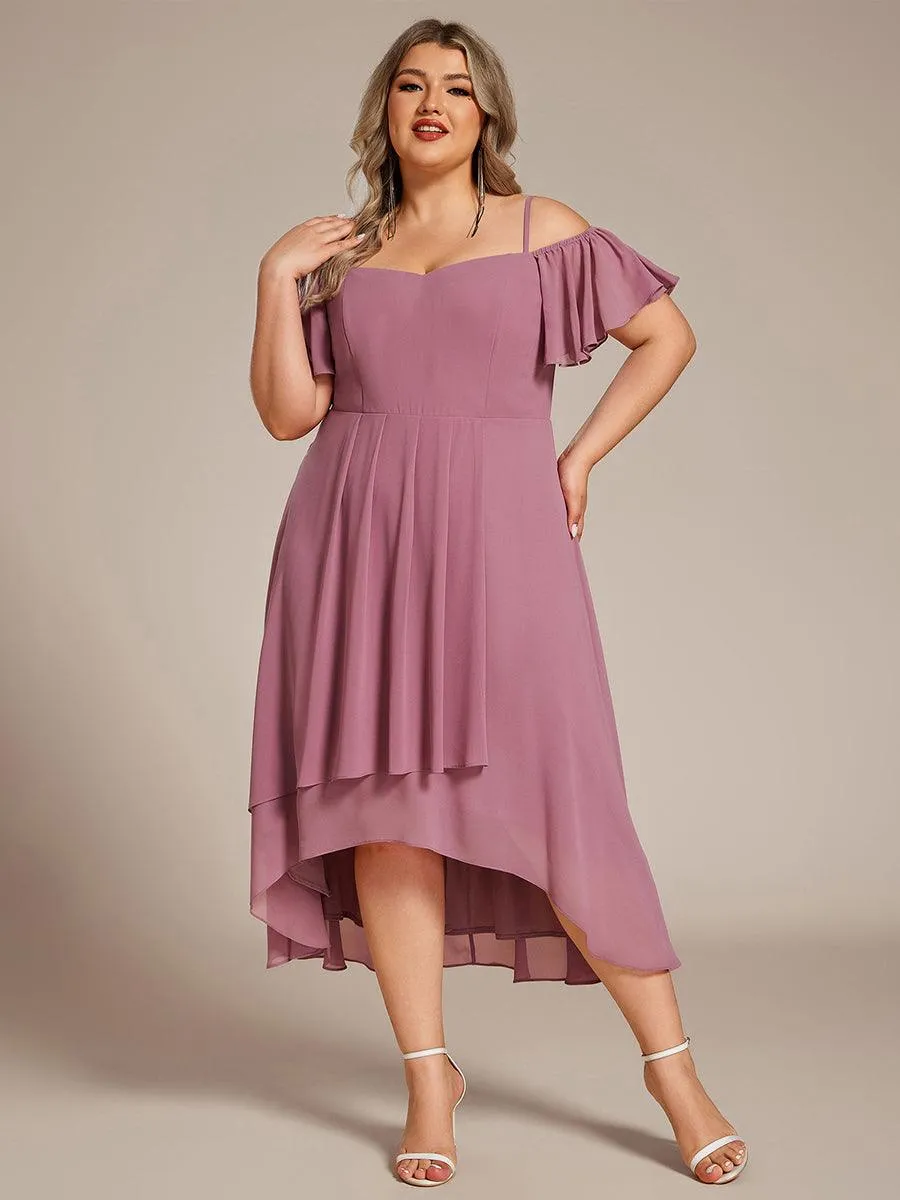 Robes d'invitées de mariage en mousseline de soie  grande taille  épaules dénudées  hautes et basses manches courtes