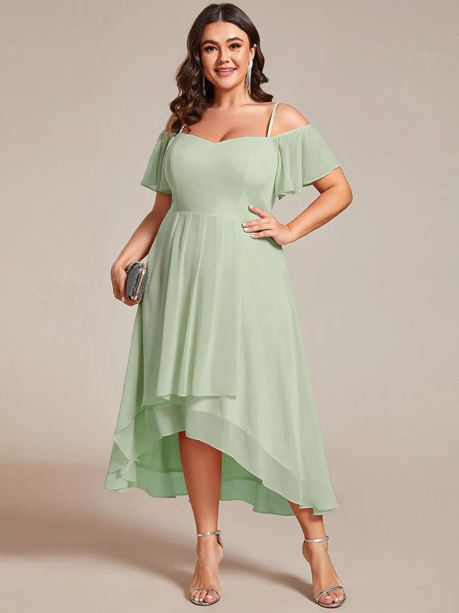 Robes d'invitées de mariage en mousseline de soie  grande taille  épaules dénudées  hautes et basses manches courtes