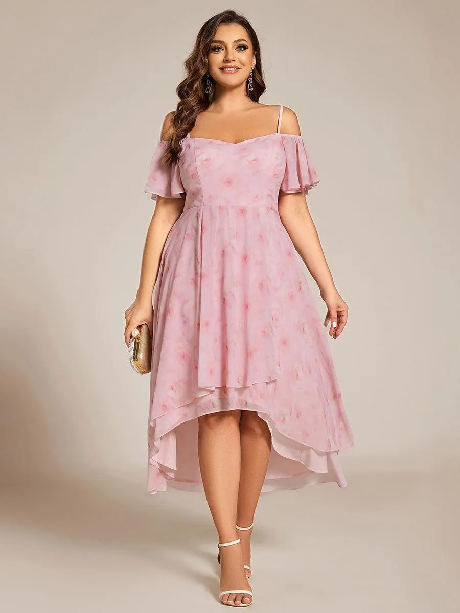 Robes d'invitées de mariage en mousseline de soie  grande taille  épaules dénudées  hautes et basses manches courtes