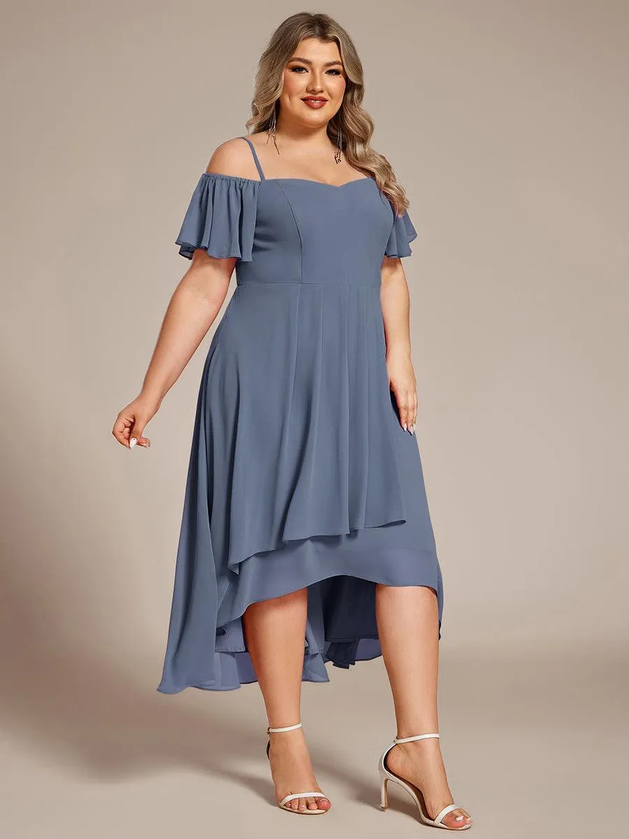 Robes d'invitées de mariage en mousseline de soie  grande taille  épaules dénudées  hautes et basses manches courtes