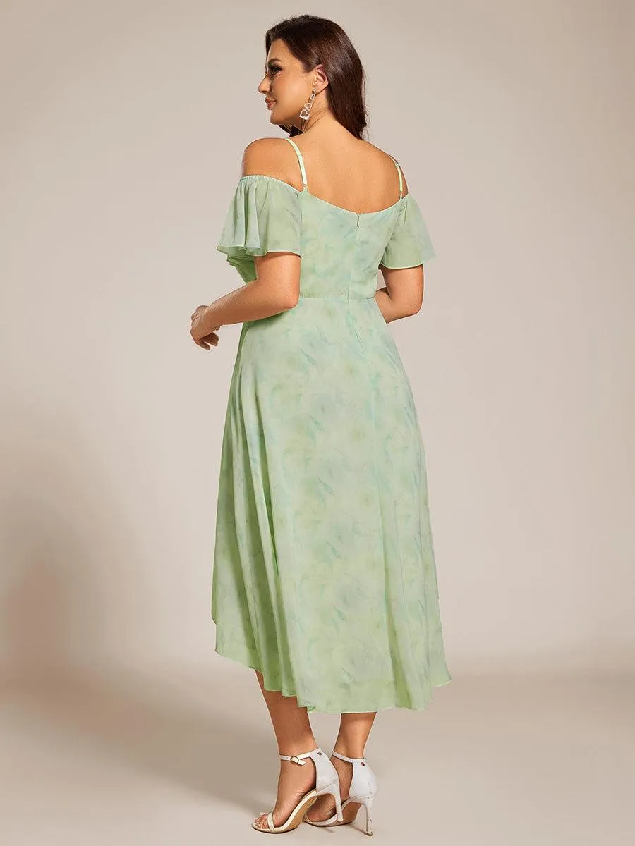 Robes d'invitées de mariage en mousseline de soie  grande taille  épaules dénudées  hautes et basses manches courtes
