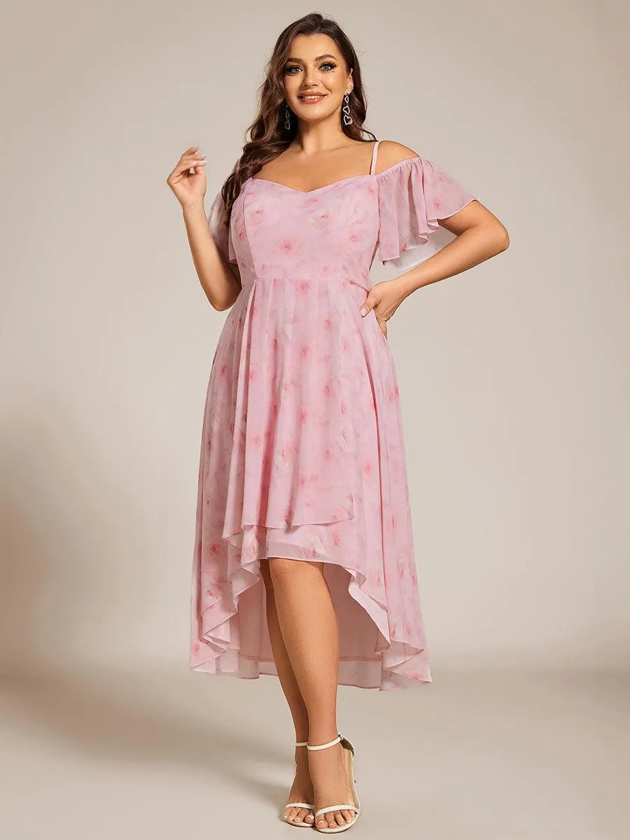 Robes d'invitées de mariage en mousseline de soie  grande taille  épaules dénudées  hautes et basses manches courtes