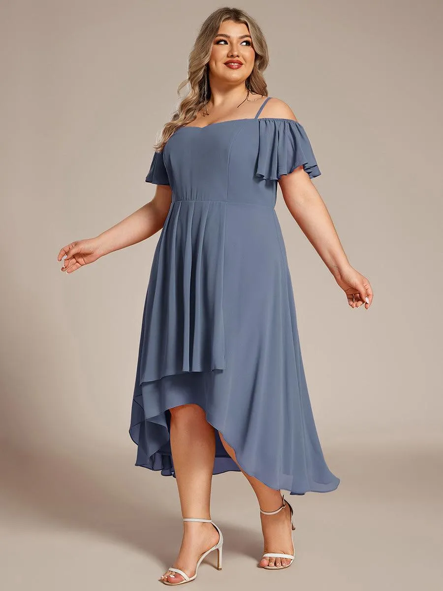 Robes d'invitées de mariage en mousseline de soie  grande taille  épaules dénudées  hautes et basses manches courtes