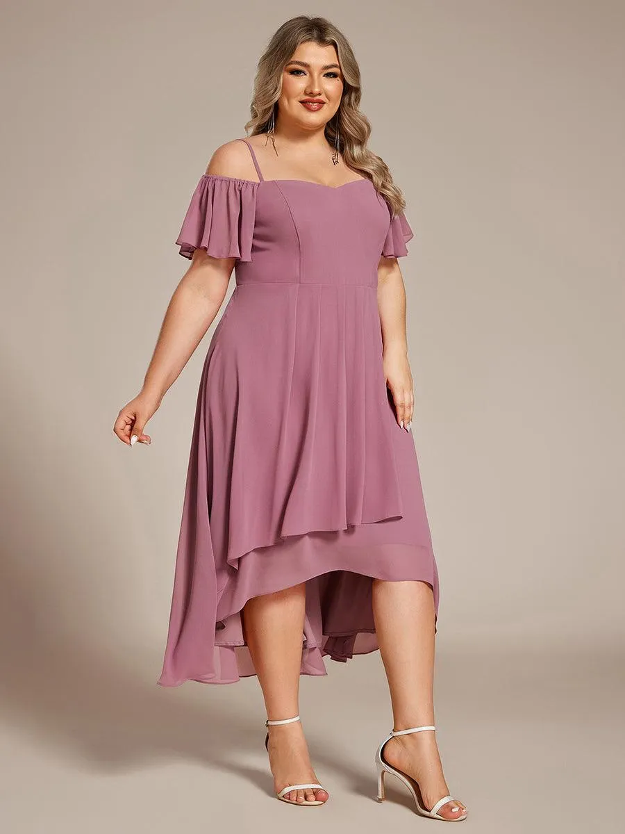 Robes d'invitées de mariage en mousseline de soie  grande taille  épaules dénudées  hautes et basses manches courtes