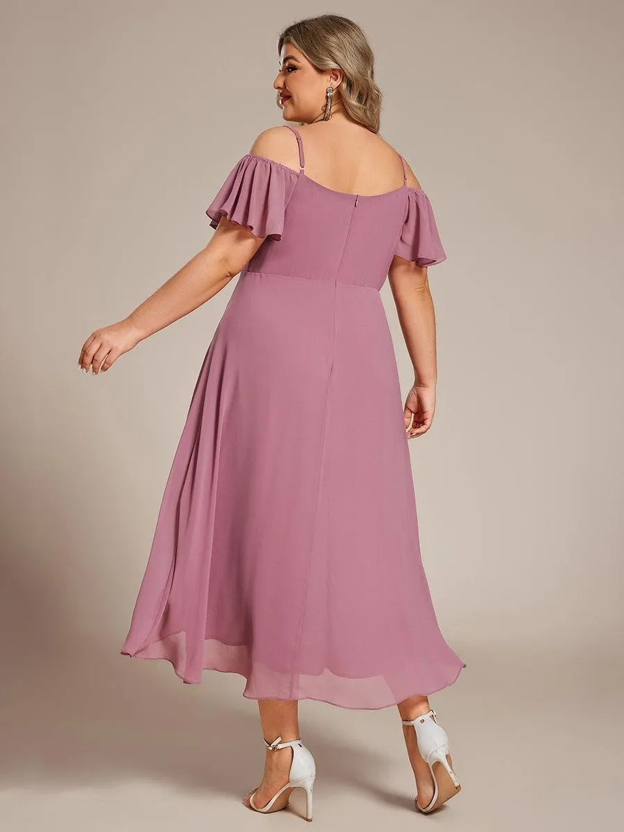 Robes d'invitées de mariage en mousseline de soie  grande taille  épaules dénudées  hautes et basses manches courtes
