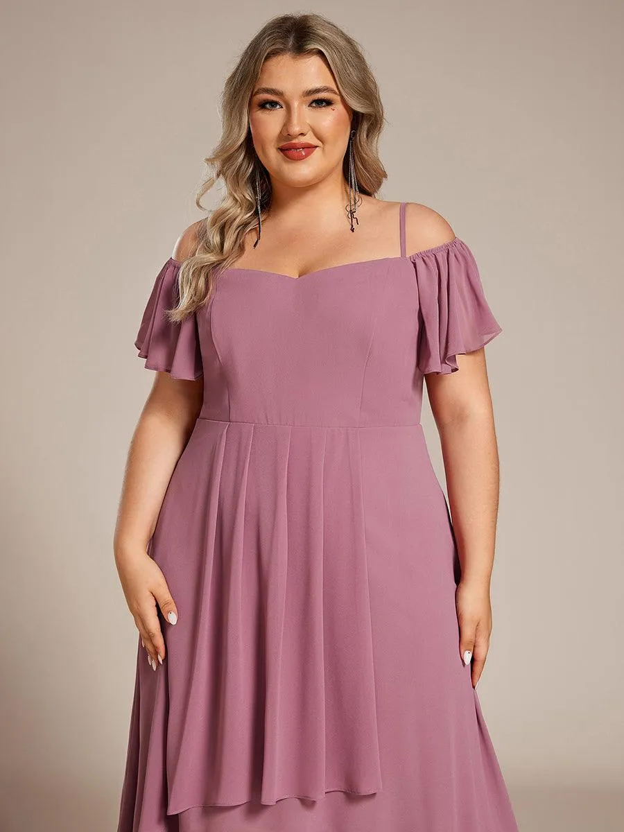 Robes d'invitées de mariage en mousseline de soie  grande taille  épaules dénudées  hautes et basses manches courtes