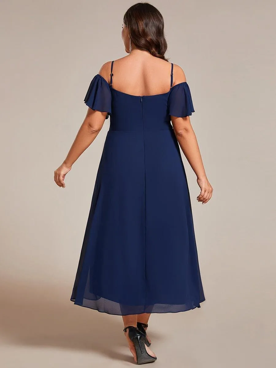 Robes d'invitées de mariage en mousseline de soie  grande taille  épaules dénudées  hautes et basses manches courtes