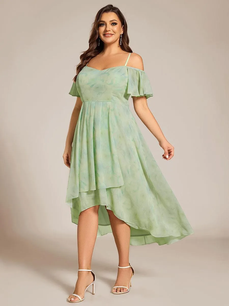 Robes d'invitées de mariage en mousseline de soie  grande taille  épaules dénudées  hautes et basses manches courtes