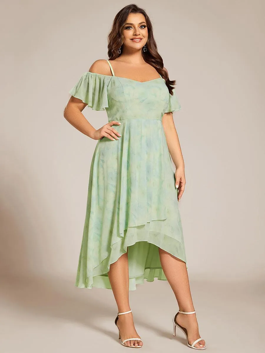 Robes d'invitées de mariage en mousseline de soie  grande taille  épaules dénudées  hautes et basses manches courtes