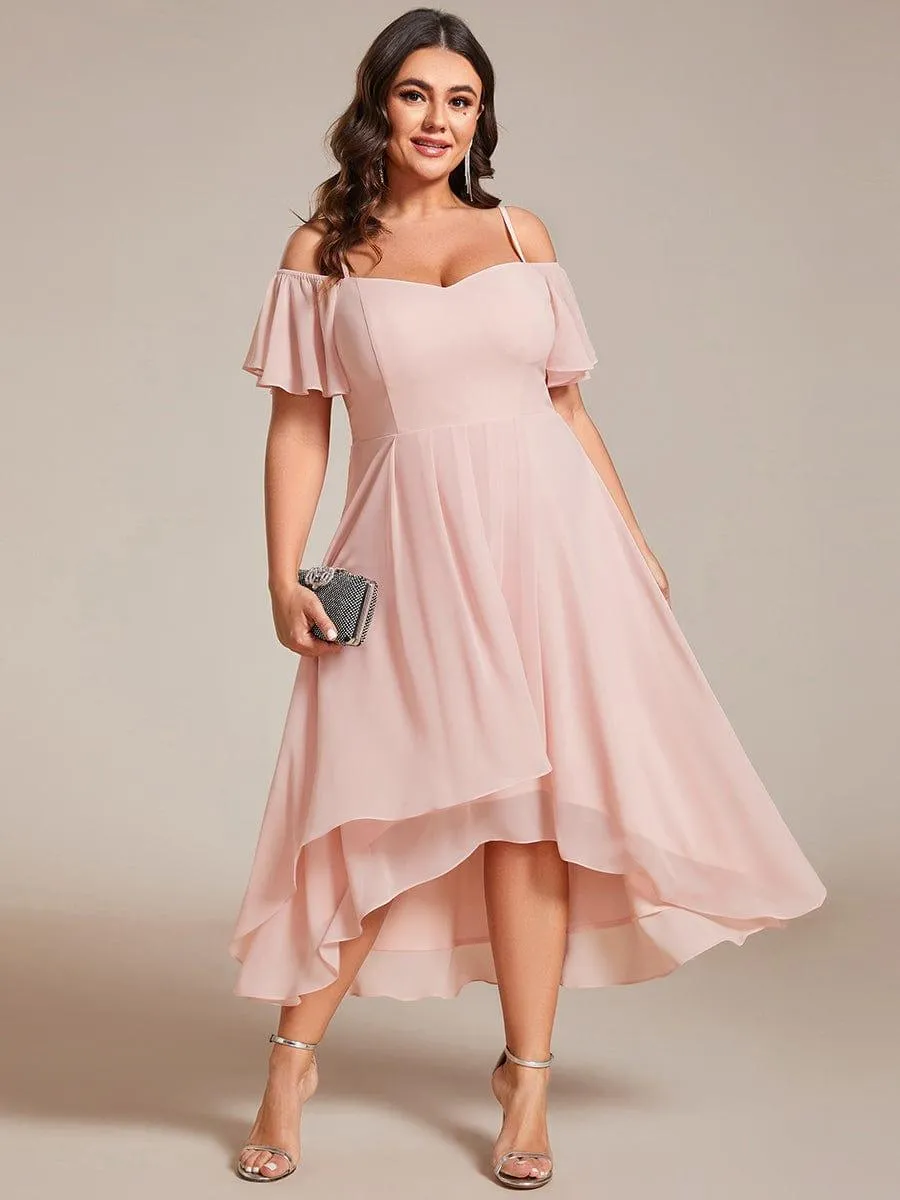 Robes d'invitées de mariage en mousseline de soie  grande taille  épaules dénudées  hautes et basses manches courtes
