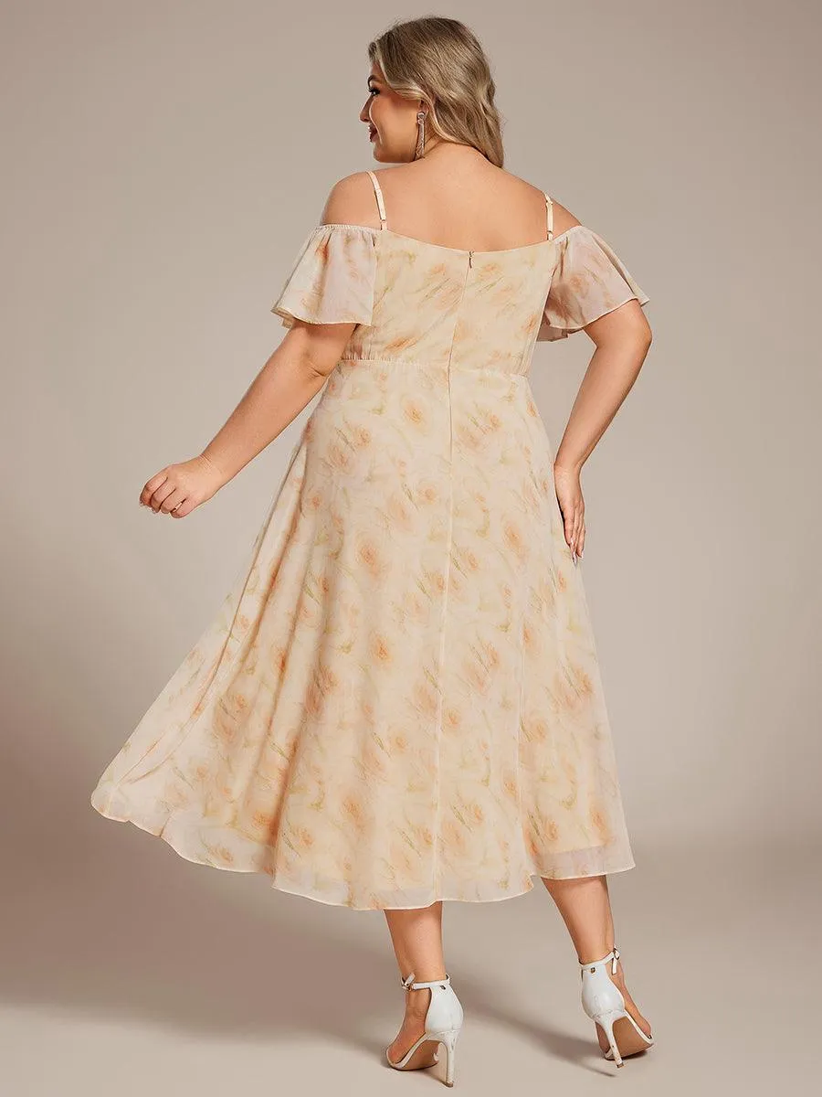 Robes d'invitées de mariage en mousseline de soie  grande taille  épaules dénudées  hautes et basses manches courtes