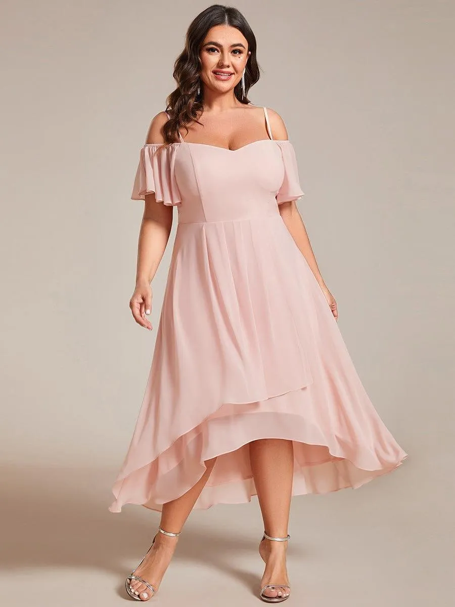 Robes d'invitées de mariage en mousseline de soie  grande taille  épaules dénudées  hautes et basses manches courtes