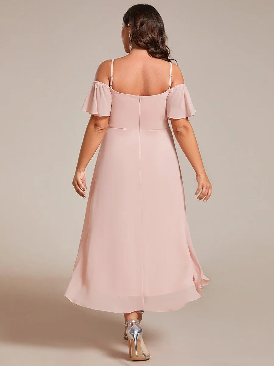 Robes d'invitées de mariage en mousseline de soie  grande taille  épaules dénudées  hautes et basses manches courtes