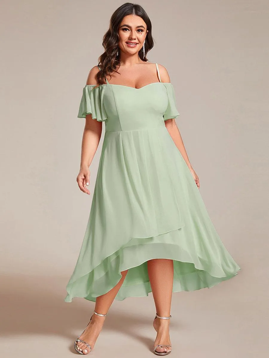 Robes d'invitées de mariage en mousseline de soie  grande taille  épaules dénudées  hautes et basses manches courtes