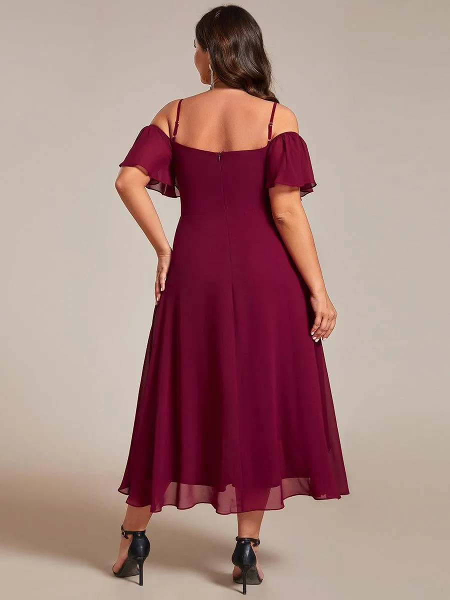 Robes d'invitées de mariage en mousseline de soie  grande taille  épaules dénudées  hautes et basses manches courtes